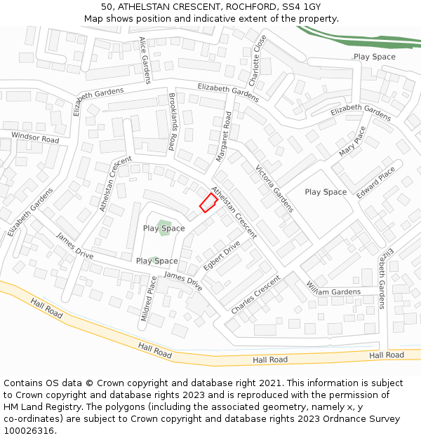 50, ATHELSTAN CRESCENT, ROCHFORD, SS4 1GY: Location map and indicative extent of plot