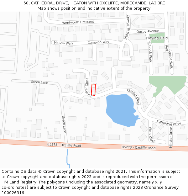 50, CATHEDRAL DRIVE, HEATON WITH OXCLIFFE, MORECAMBE, LA3 3RE: Location map and indicative extent of plot