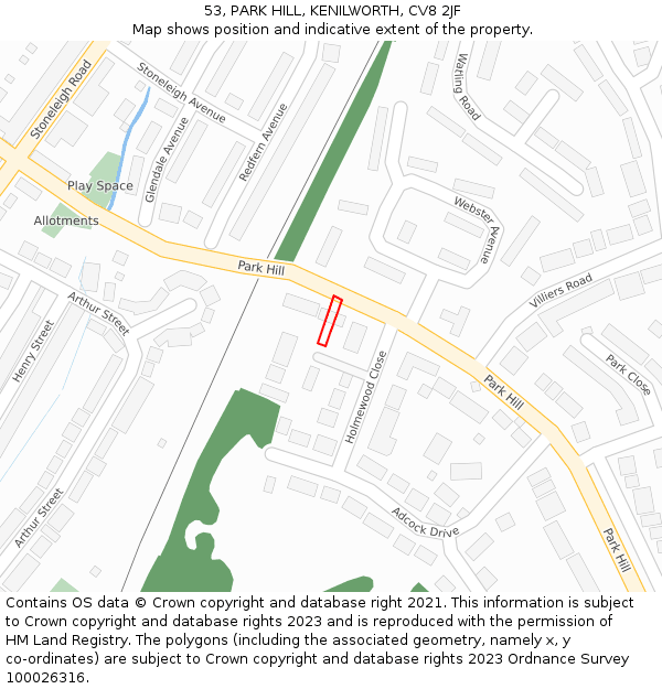53, PARK HILL, KENILWORTH, CV8 2JF: Location map and indicative extent of plot