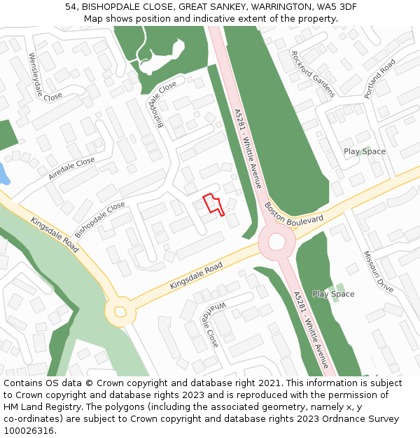 54, BISHOPDALE CLOSE, GREAT SANKEY, WARRINGTON, WA5 3DF: Location map and indicative extent of plot