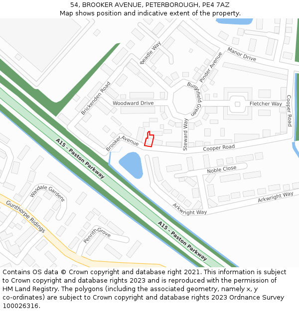 54, BROOKER AVENUE, PETERBOROUGH, PE4 7AZ: Location map and indicative extent of plot