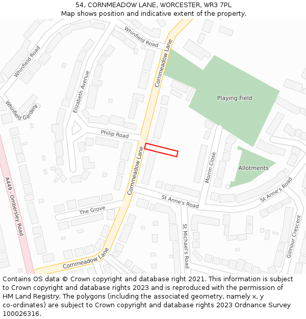 54, CORNMEADOW LANE, WORCESTER, WR3 7PL: Location map and indicative extent of plot