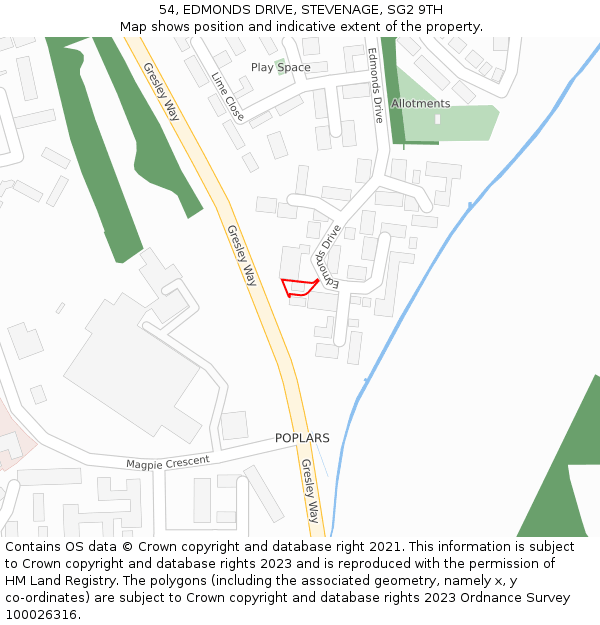 54, EDMONDS DRIVE, STEVENAGE, SG2 9TH: Location map and indicative extent of plot