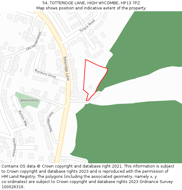 54, TOTTERIDGE LANE, HIGH WYCOMBE, HP13 7PZ: Location map and indicative extent of plot