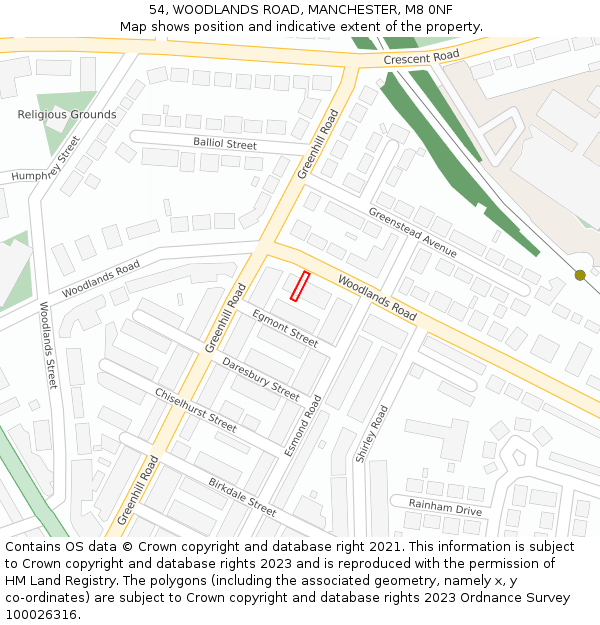 54, WOODLANDS ROAD, MANCHESTER, M8 0NF: Location map and indicative extent of plot
