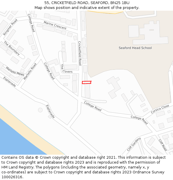 55, CRICKETFIELD ROAD, SEAFORD, BN25 1BU: Location map and indicative extent of plot