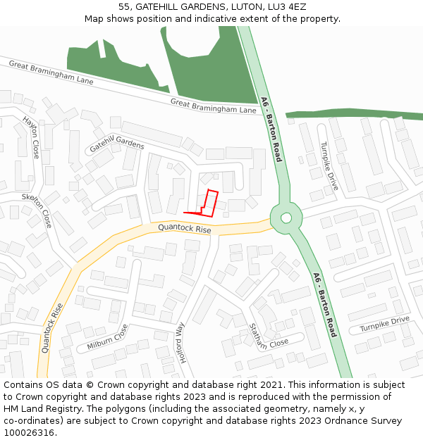 55, GATEHILL GARDENS, LUTON, LU3 4EZ: Location map and indicative extent of plot
