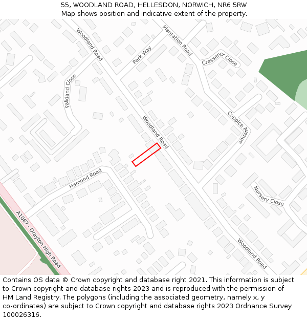 55, WOODLAND ROAD, HELLESDON, NORWICH, NR6 5RW: Location map and indicative extent of plot