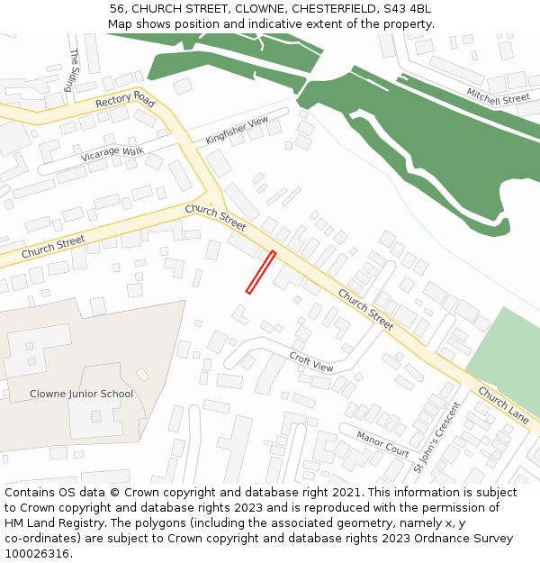 56, CHURCH STREET, CLOWNE, CHESTERFIELD, S43 4BL: Location map and indicative extent of plot