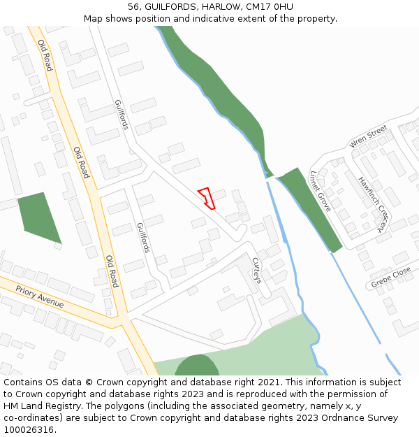 56, GUILFORDS, HARLOW, CM17 0HU: Location map and indicative extent of plot