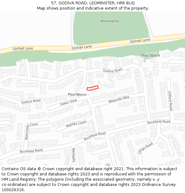 57, GODIVA ROAD, LEOMINSTER, HR6 8UQ: Location map and indicative extent of plot