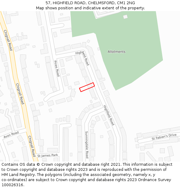 57, HIGHFIELD ROAD, CHELMSFORD, CM1 2NG: Location map and indicative extent of plot