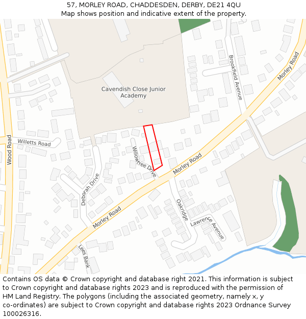 57, MORLEY ROAD, CHADDESDEN, DERBY, DE21 4QU: Location map and indicative extent of plot