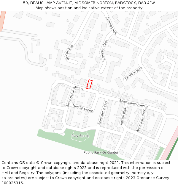 59, BEAUCHAMP AVENUE, MIDSOMER NORTON, RADSTOCK, BA3 4FW: Location map and indicative extent of plot