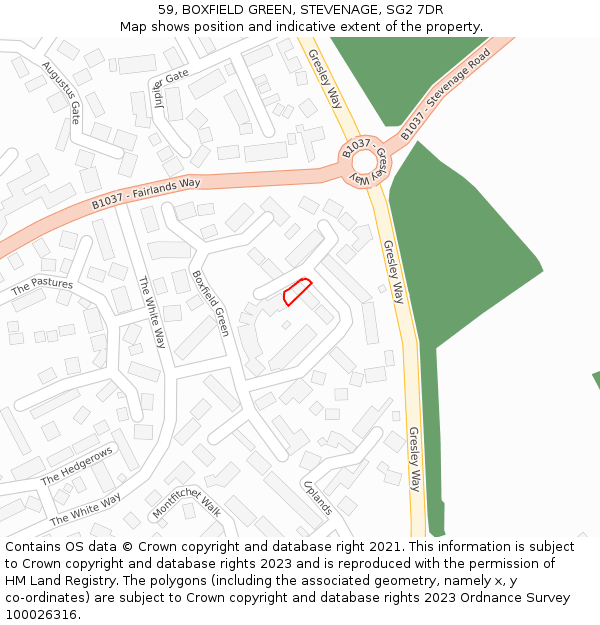 59, BOXFIELD GREEN, STEVENAGE, SG2 7DR: Location map and indicative extent of plot
