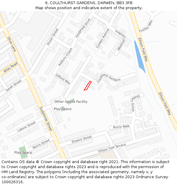 6, COULTHURST GARDENS, DARWEN, BB3 3FB: Location map and indicative extent of plot