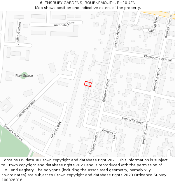 6, ENSBURY GARDENS, BOURNEMOUTH, BH10 4FN: Location map and indicative extent of plot