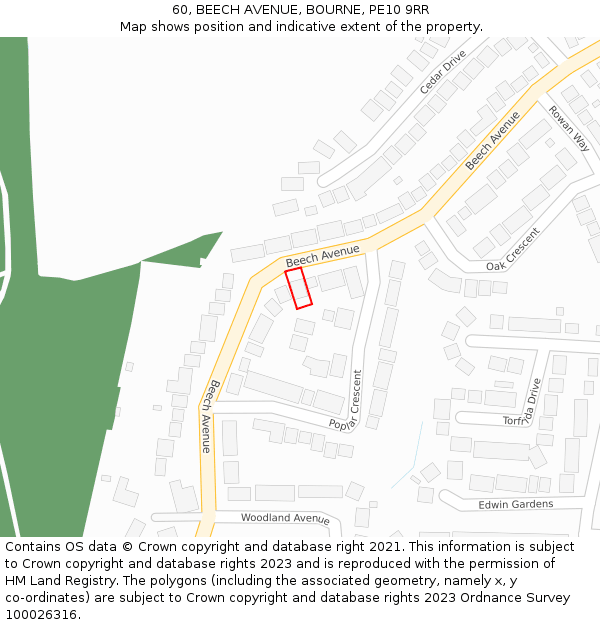 60, BEECH AVENUE, BOURNE, PE10 9RR: Location map and indicative extent of plot