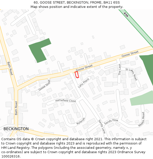 60, GOOSE STREET, BECKINGTON, FROME, BA11 6SS: Location map and indicative extent of plot