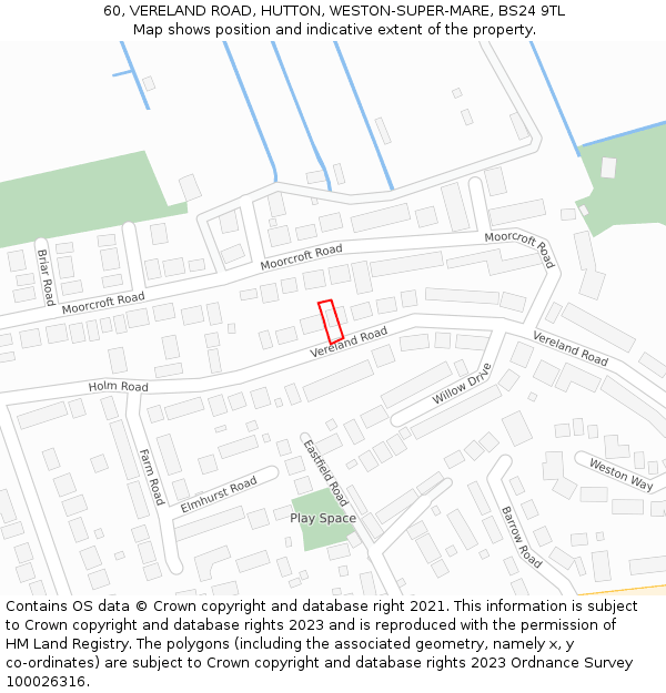60, VERELAND ROAD, HUTTON, WESTON-SUPER-MARE, BS24 9TL: Location map and indicative extent of plot