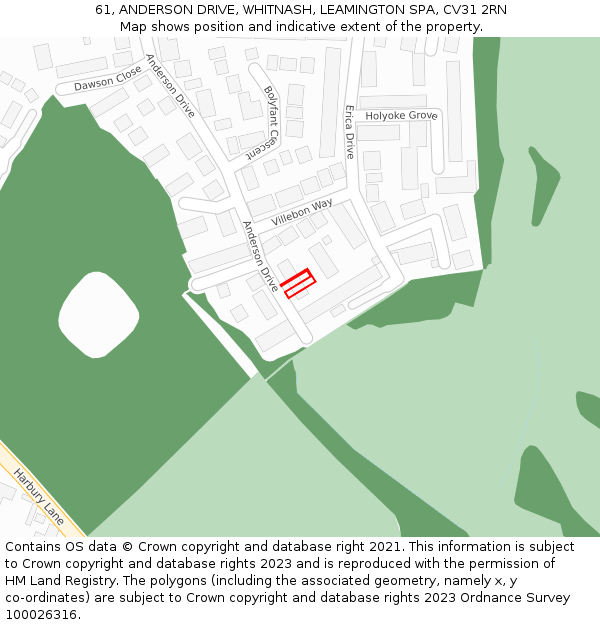 61, ANDERSON DRIVE, WHITNASH, LEAMINGTON SPA, CV31 2RN: Location map and indicative extent of plot