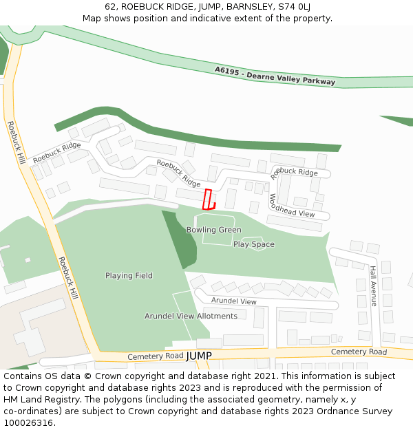 62, ROEBUCK RIDGE, JUMP, BARNSLEY, S74 0LJ: Location map and indicative extent of plot