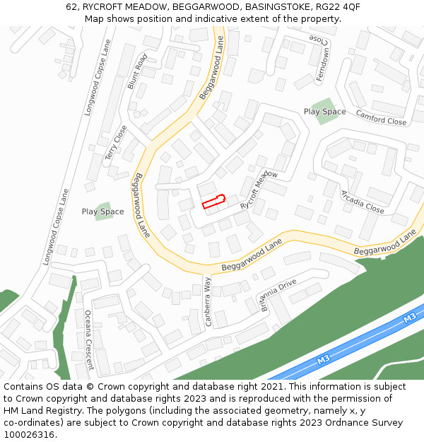62, RYCROFT MEADOW, BEGGARWOOD, BASINGSTOKE, RG22 4QF: Location map and indicative extent of plot