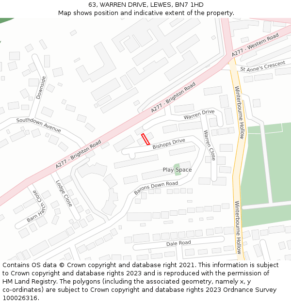 63, WARREN DRIVE, LEWES, BN7 1HD: Location map and indicative extent of plot