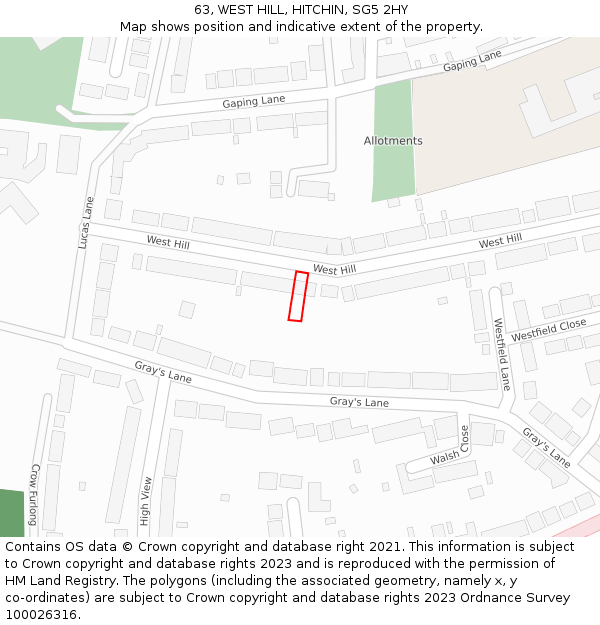 63, WEST HILL, HITCHIN, SG5 2HY: Location map and indicative extent of plot