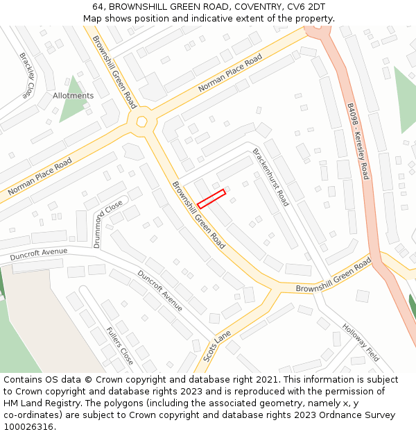 64, BROWNSHILL GREEN ROAD, COVENTRY, CV6 2DT: Location map and indicative extent of plot