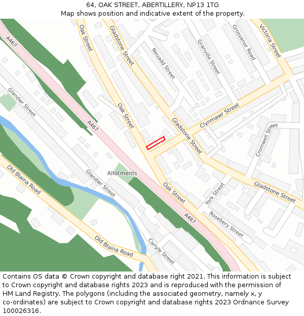 64, OAK STREET, ABERTILLERY, NP13 1TG: Location map and indicative extent of plot