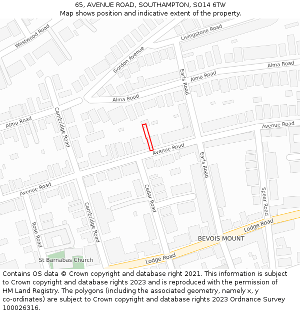 65, AVENUE ROAD, SOUTHAMPTON, SO14 6TW: Location map and indicative extent of plot