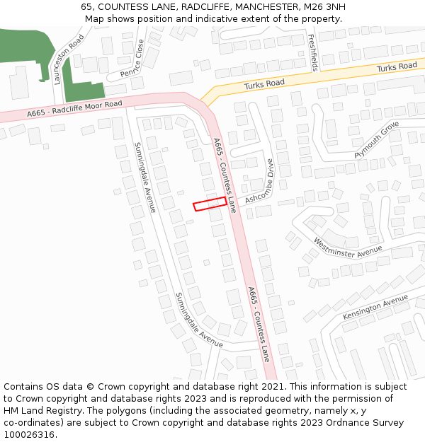 65, COUNTESS LANE, RADCLIFFE, MANCHESTER, M26 3NH: Location map and indicative extent of plot