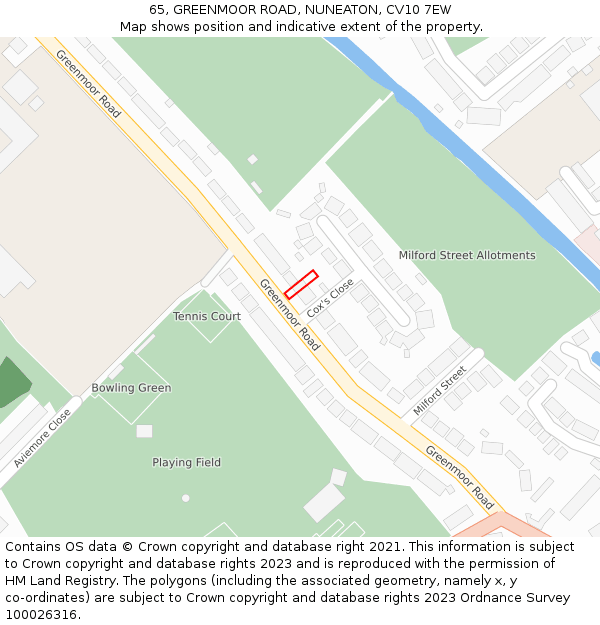 65, GREENMOOR ROAD, NUNEATON, CV10 7EW: Location map and indicative extent of plot