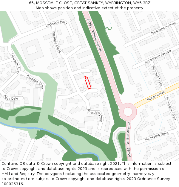 65, MOSSDALE CLOSE, GREAT SANKEY, WARRINGTON, WA5 3RZ: Location map and indicative extent of plot