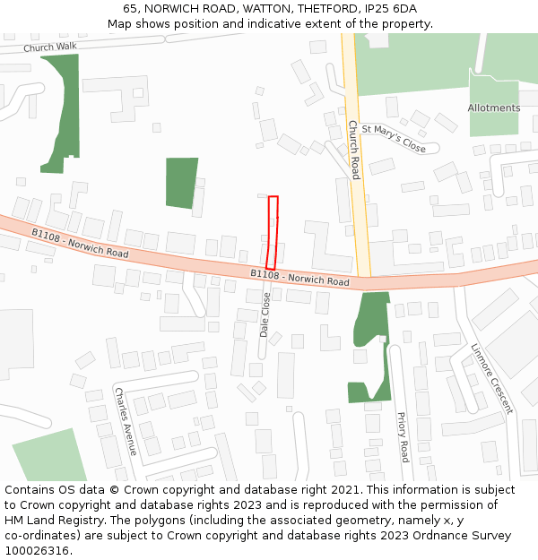 65, NORWICH ROAD, WATTON, THETFORD, IP25 6DA: Location map and indicative extent of plot