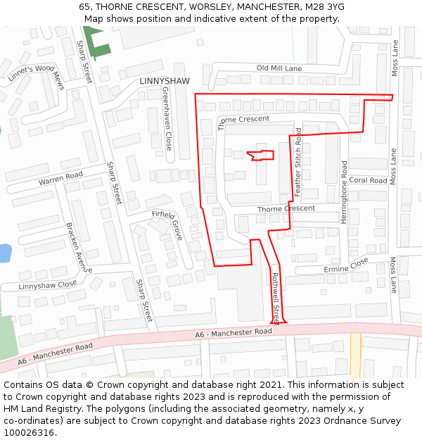 65, THORNE CRESCENT, WORSLEY, MANCHESTER, M28 3YG: Location map and indicative extent of plot