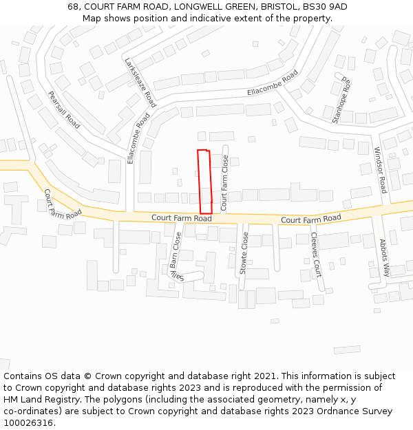 68, COURT FARM ROAD, LONGWELL GREEN, BRISTOL, BS30 9AD: Location map and indicative extent of plot