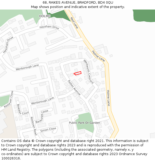 68, RAIKES AVENUE, BRADFORD, BD4 0QU: Location map and indicative extent of plot