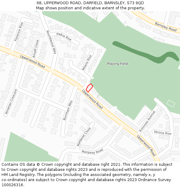68, UPPERWOOD ROAD, DARFIELD, BARNSLEY, S73 9QD: Location map and indicative extent of plot
