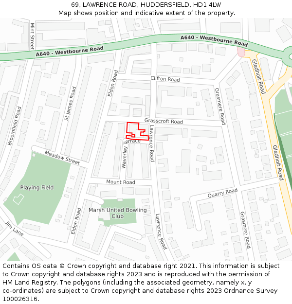 69, LAWRENCE ROAD, HUDDERSFIELD, HD1 4LW: Location map and indicative extent of plot
