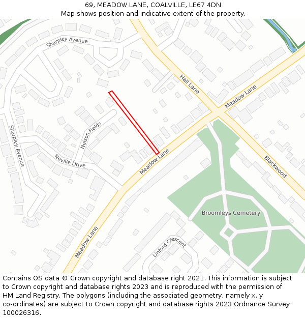 69, MEADOW LANE, COALVILLE, LE67 4DN: Location map and indicative extent of plot