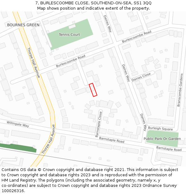 7, BURLESCOOMBE CLOSE, SOUTHEND-ON-SEA, SS1 3QQ: Location map and indicative extent of plot