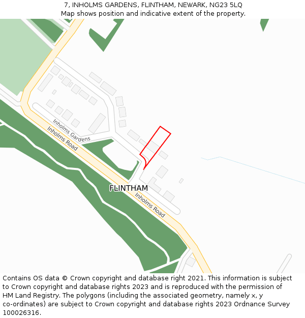 7, INHOLMS GARDENS, FLINTHAM, NEWARK, NG23 5LQ: Location map and indicative extent of plot