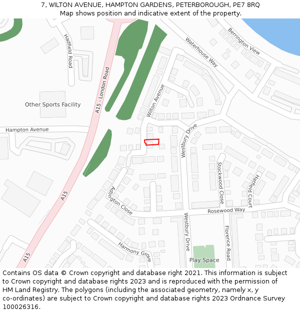 7, WILTON AVENUE, HAMPTON GARDENS, PETERBOROUGH, PE7 8RQ: Location map and indicative extent of plot