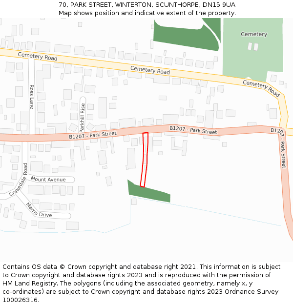 70, PARK STREET, WINTERTON, SCUNTHORPE, DN15 9UA: Location map and indicative extent of plot