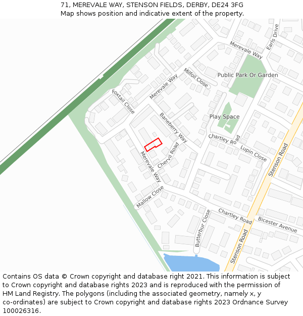 71, MEREVALE WAY, STENSON FIELDS, DERBY, DE24 3FG: Location map and indicative extent of plot