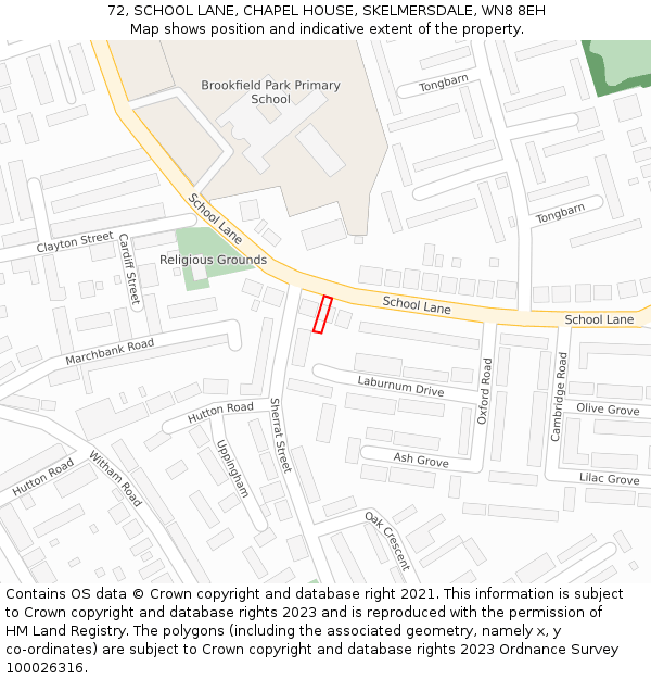 72, SCHOOL LANE, CHAPEL HOUSE, SKELMERSDALE, WN8 8EH: Location map and indicative extent of plot