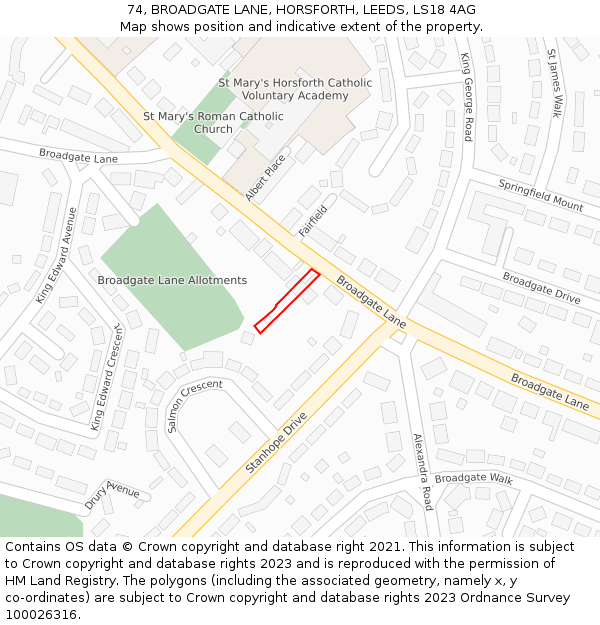 74, BROADGATE LANE, HORSFORTH, LEEDS, LS18 4AG: Location map and indicative extent of plot
