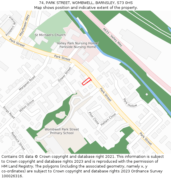 74, PARK STREET, WOMBWELL, BARNSLEY, S73 0HS: Location map and indicative extent of plot